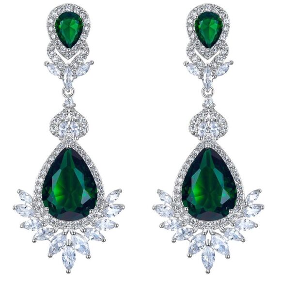 Silver with Emerald and Diamond Cubic Zirconia Vintage Style Chandelier Earrings - Picture 1 of 5